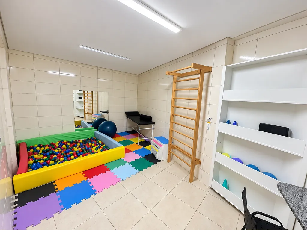 Sala com piscina de bolinhas, espaldar e bolas terapêuticas
