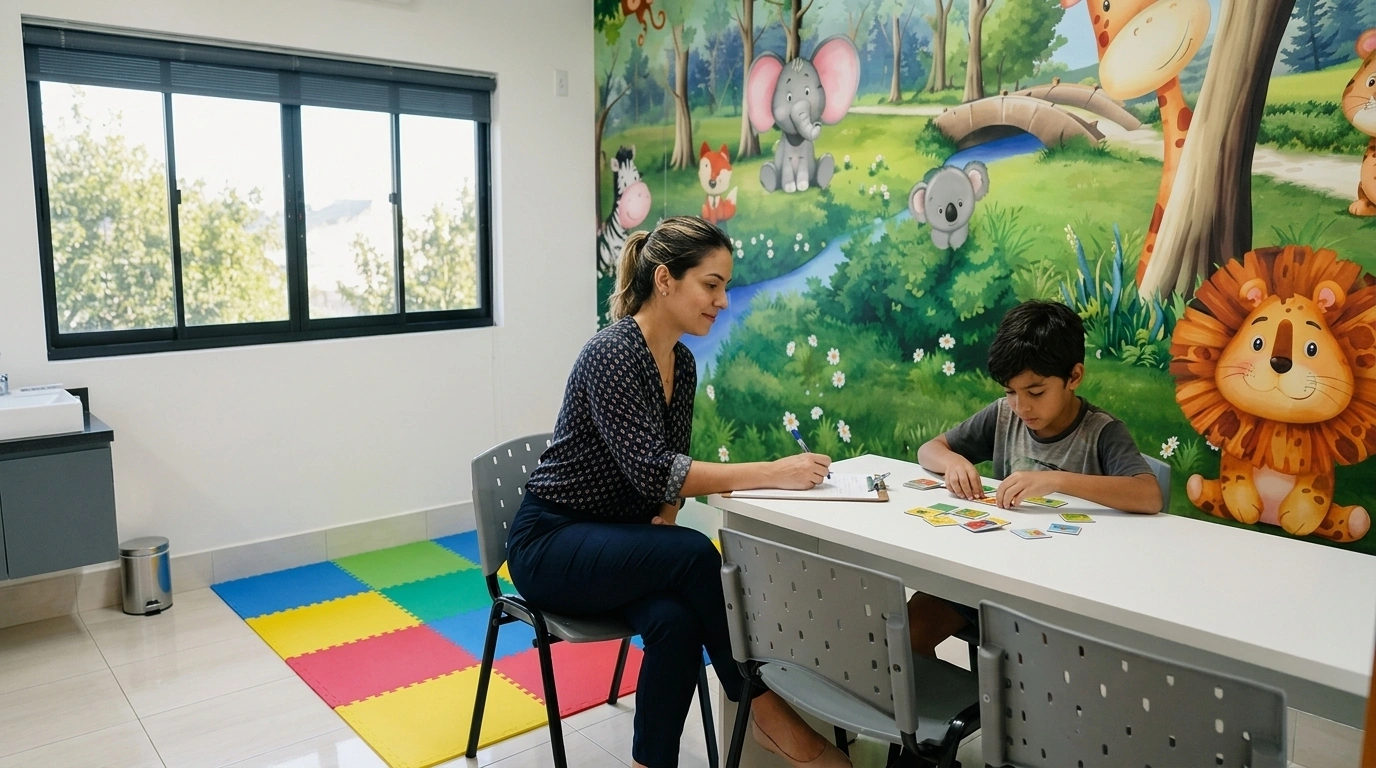 Imagem ilustrativa: profissional aplicando atividade de avaliação em criança, em sala com mural de floresta