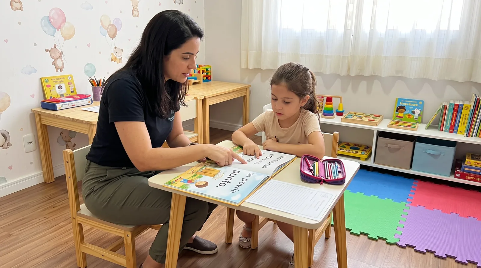 Imagem ilustrativa: profissional orientando criança em atividade de leitura em sala infantil
