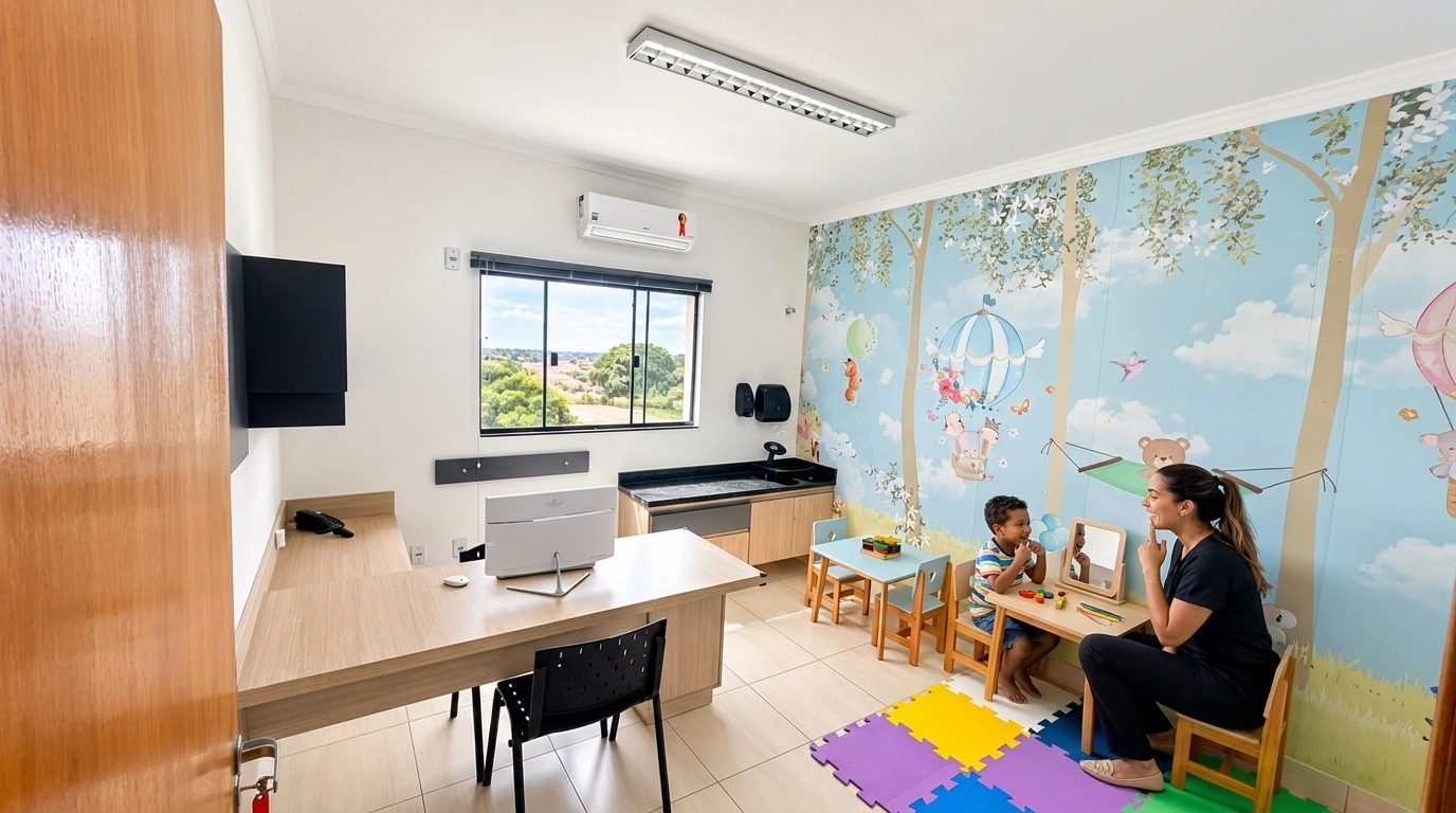 Imagem ilustrativa: fonoaudióloga e criança em sessão com espelho em sala com mural de balões e animais