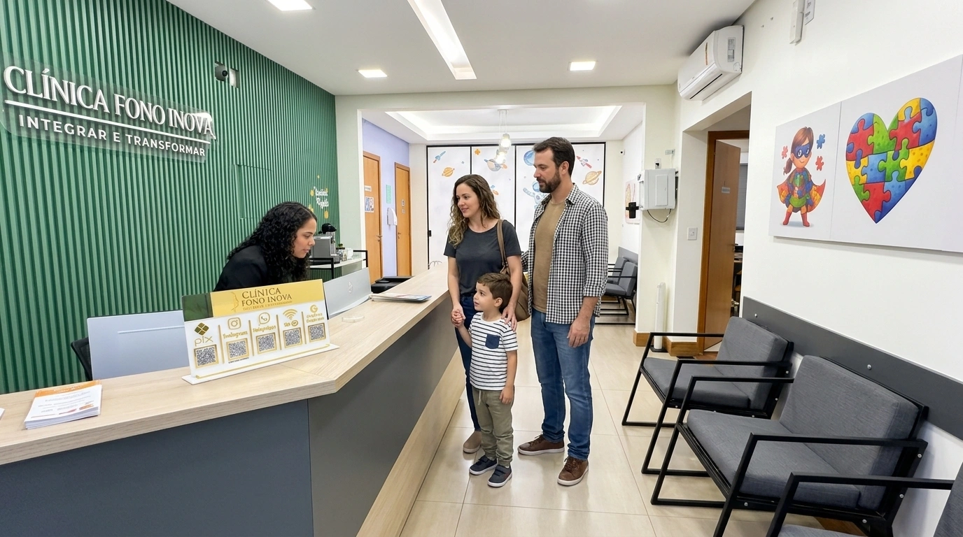 Imagem ilustrativa: família sendo recebida na recepção da Clínica Fono Inova