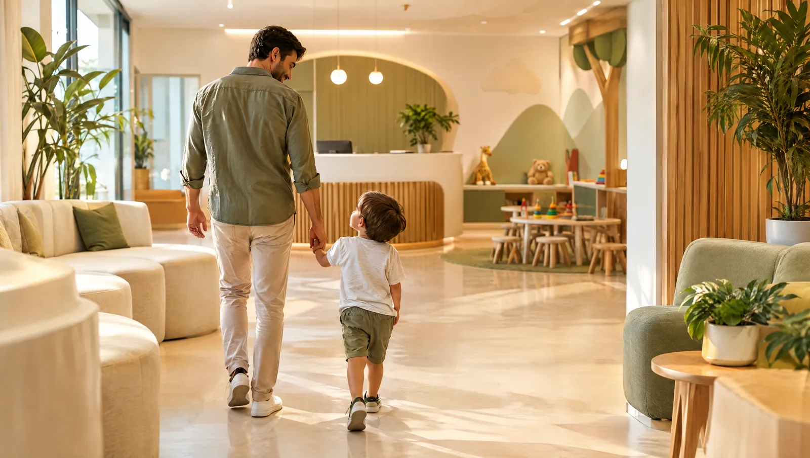 Pai e filho entrando de mãos dadas em uma recepção acolhedora