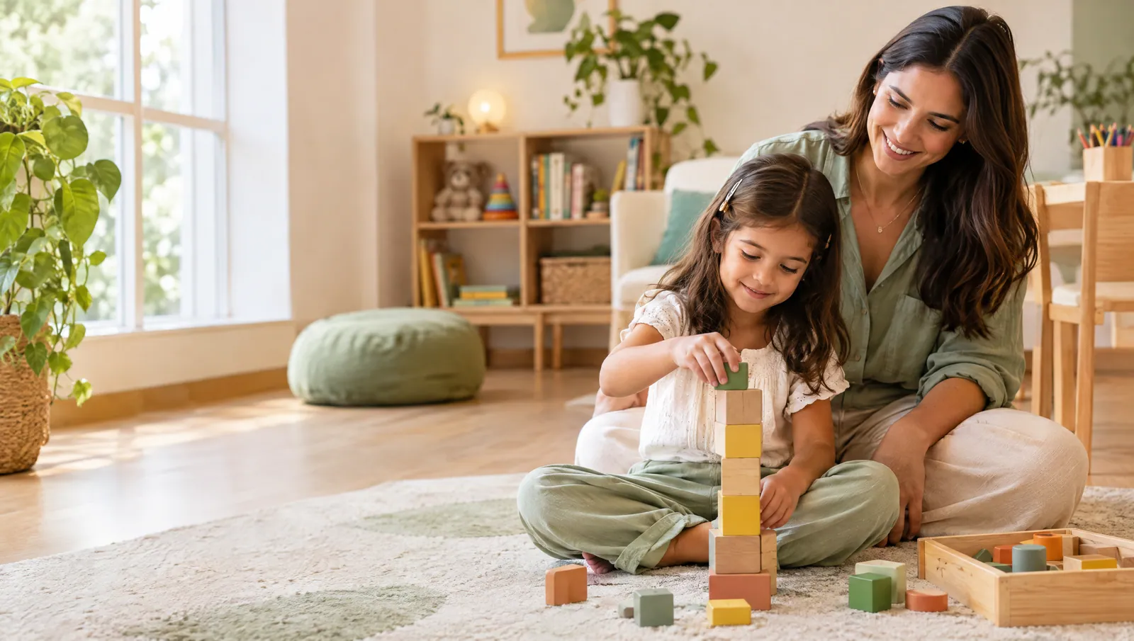 Mãe e filha brincando com blocos de madeira em uma sala de brincar acolhedora