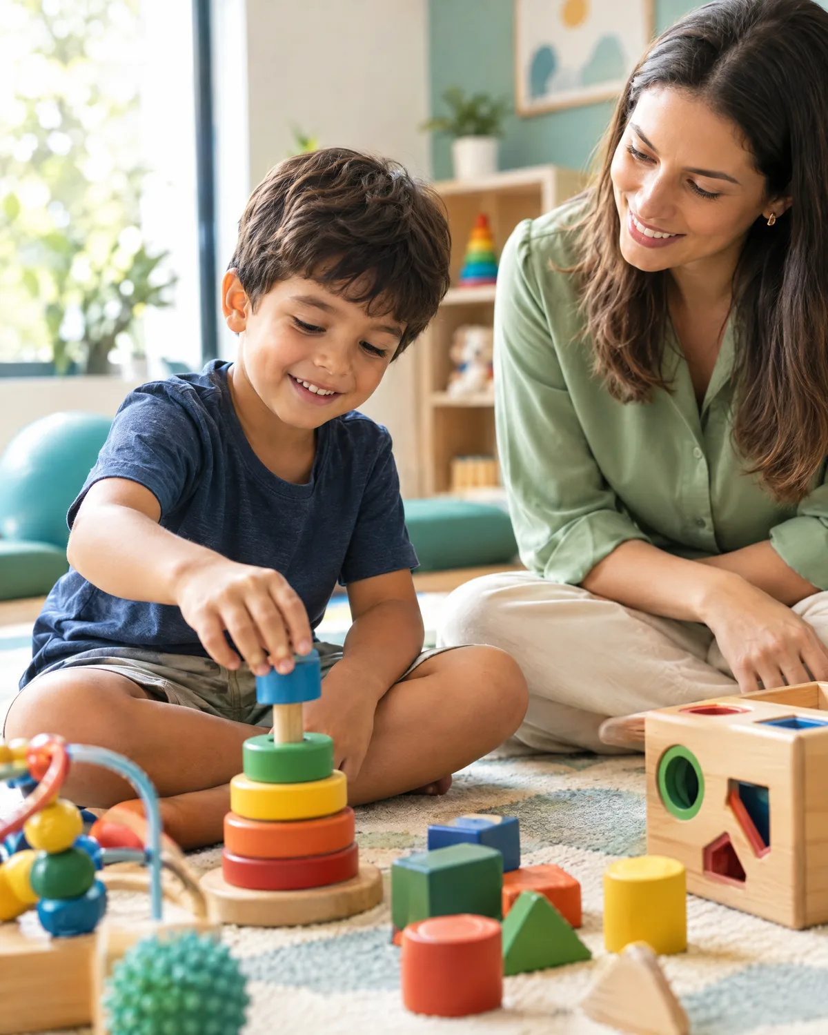 Criança brincando com brinquedos sensoriais ao lado de uma terapeuta em atendimento para autismo em Anápolis
