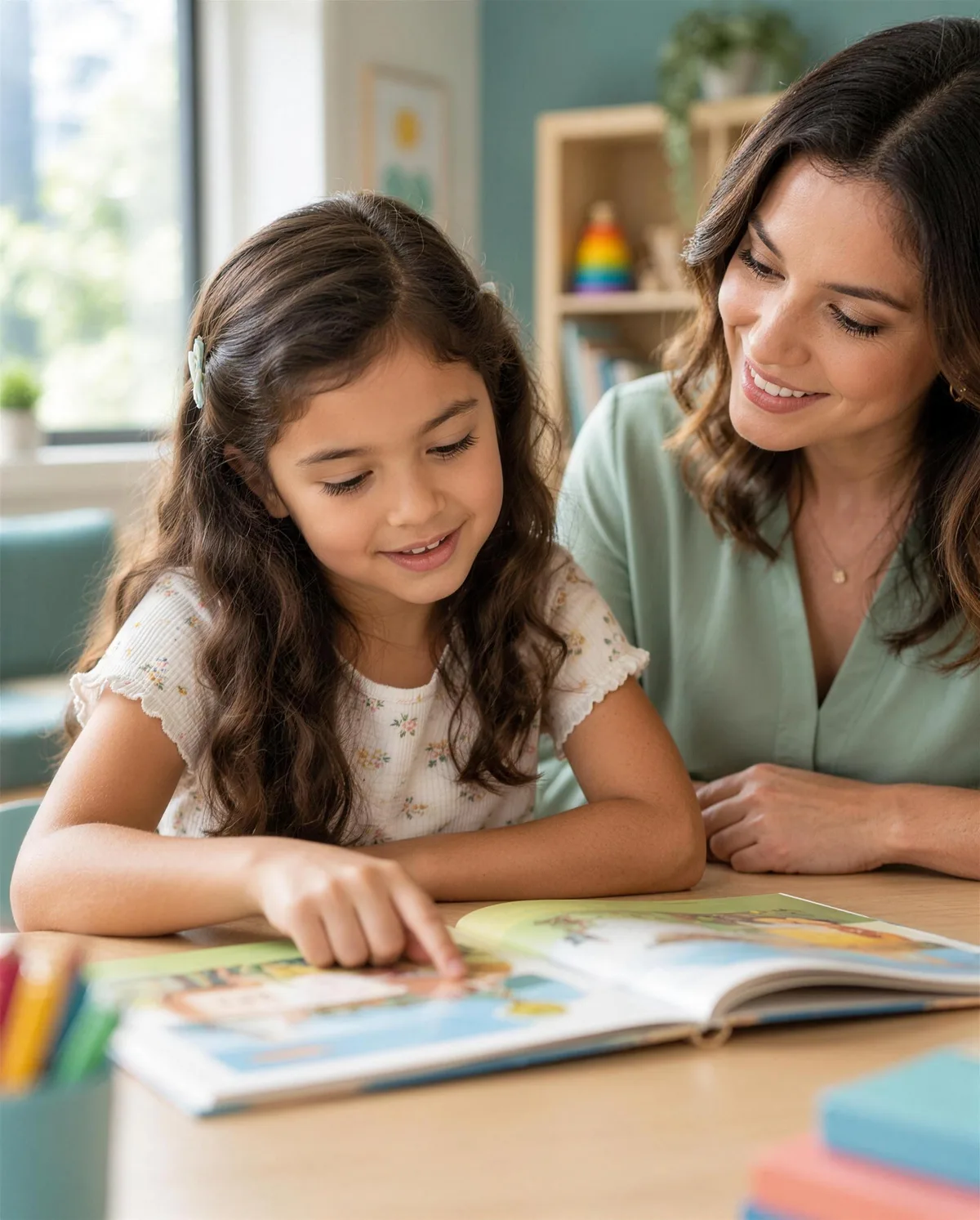 Menina lendo um livro ilustrado com apoio de uma psicopedagoga em atendimento de dislexia infantil em Anápolis