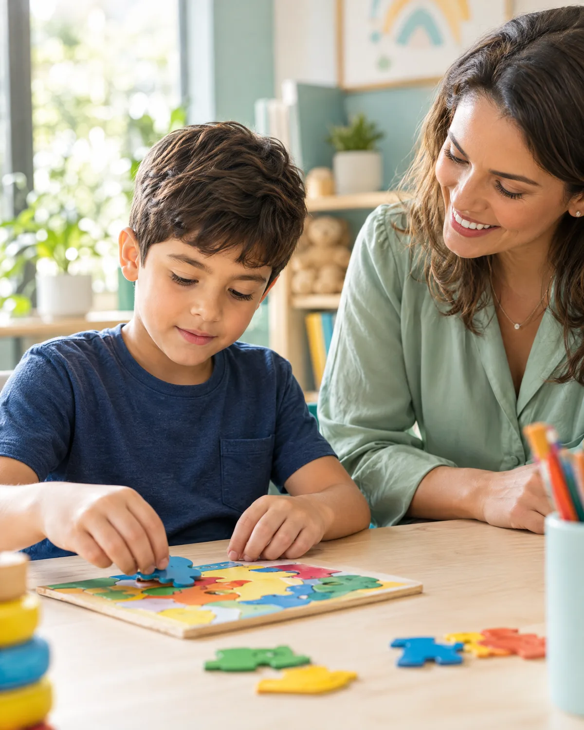 Menino concentrado em um quebra-cabeça com uma neuropsicóloga em avaliação de TDAH infantil em Anápolis
